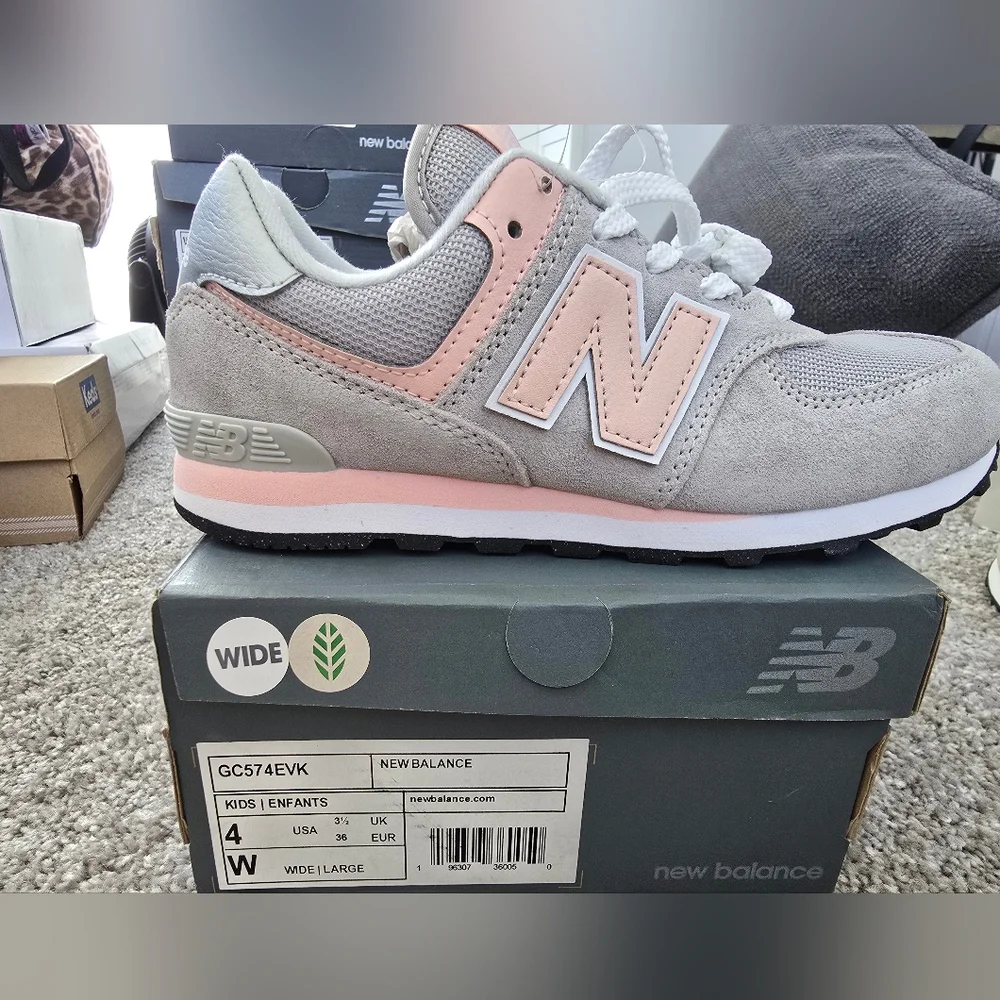 New Balance 574 Women's Gray and Peach Sneakers - Picture 2 of 3